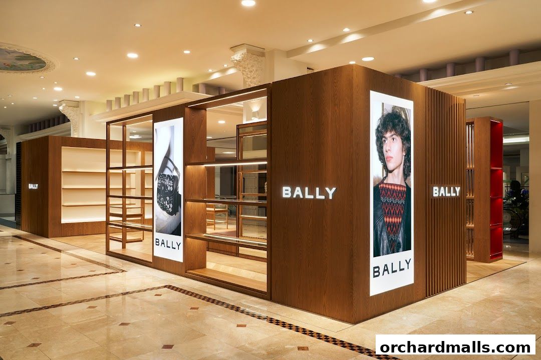 Modern Bally store interior with wooden displays and illuminated shelves showcasing fashion.