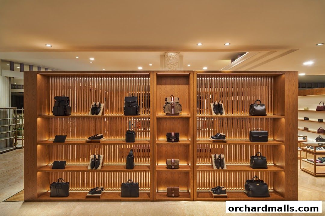 Interior view of a Bally store showcasing luxury handbags and footwear on wooden shelves.
