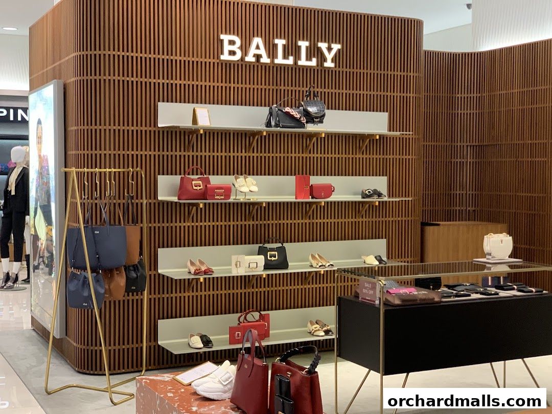 Bally store interior showcasing handbags and shoes on display shelves and racks.