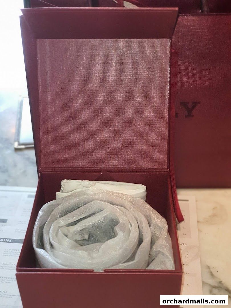 A Bally branded gift box containing a rolled-up item, possibly a belt, wrapped in tissue paper.