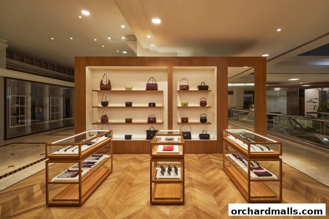 Interior view of a Bally store showcasing handbags and accessories on shelves and display cases.