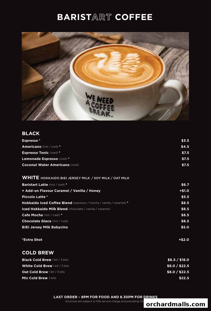 Menu page for Baristart Coffee Singapore Wisma Atria
