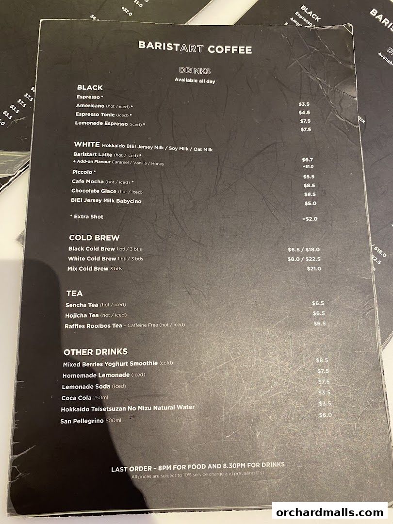 Menu page for Baristart Coffee Singapore Wisma Atria