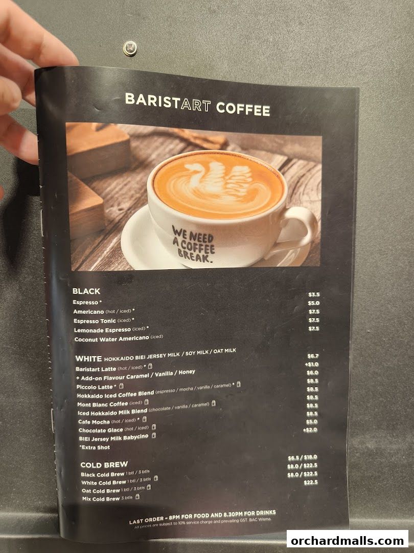 Menu page for Baristart Coffee Singapore Wisma Atria