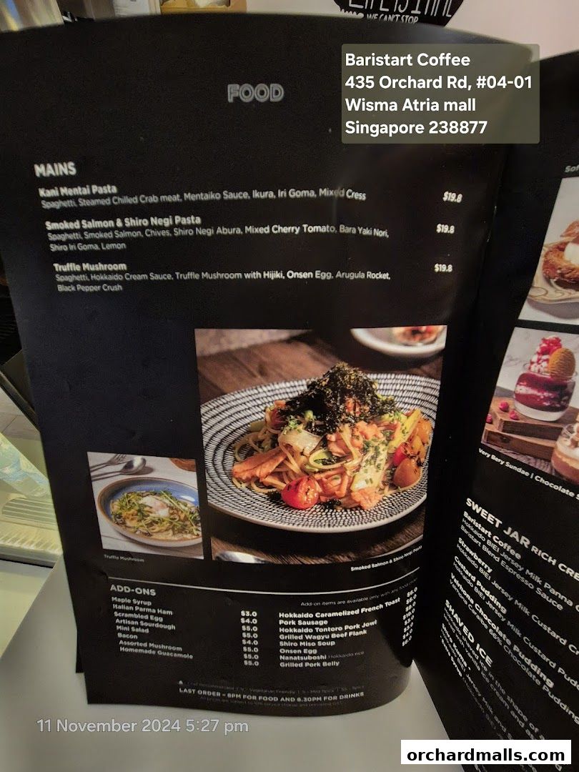 Menu page for Baristart Coffee Singapore Wisma Atria