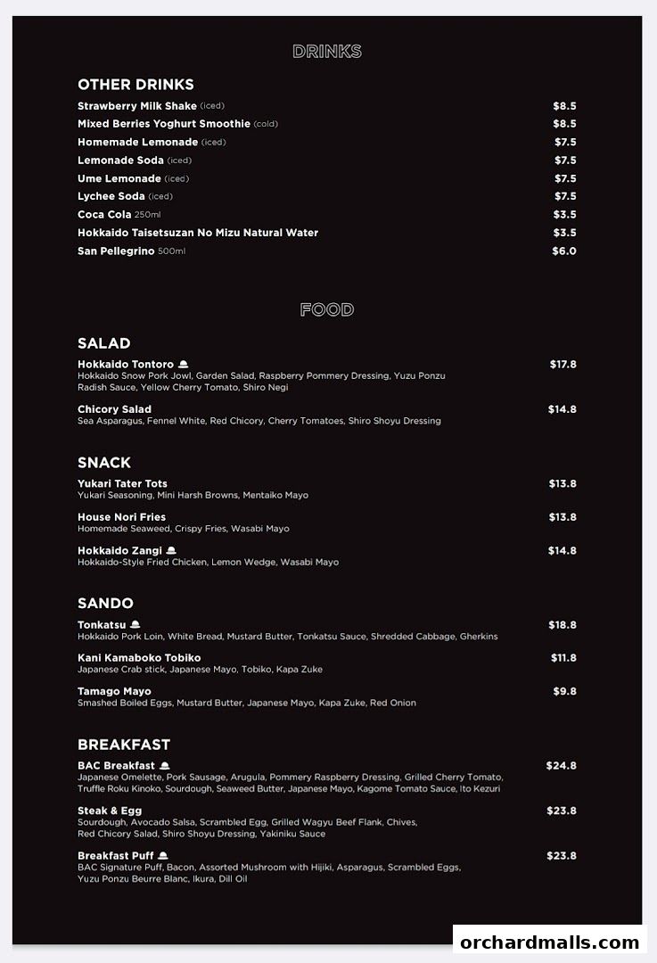 Menu page for Baristart Coffee Singapore Wisma Atria