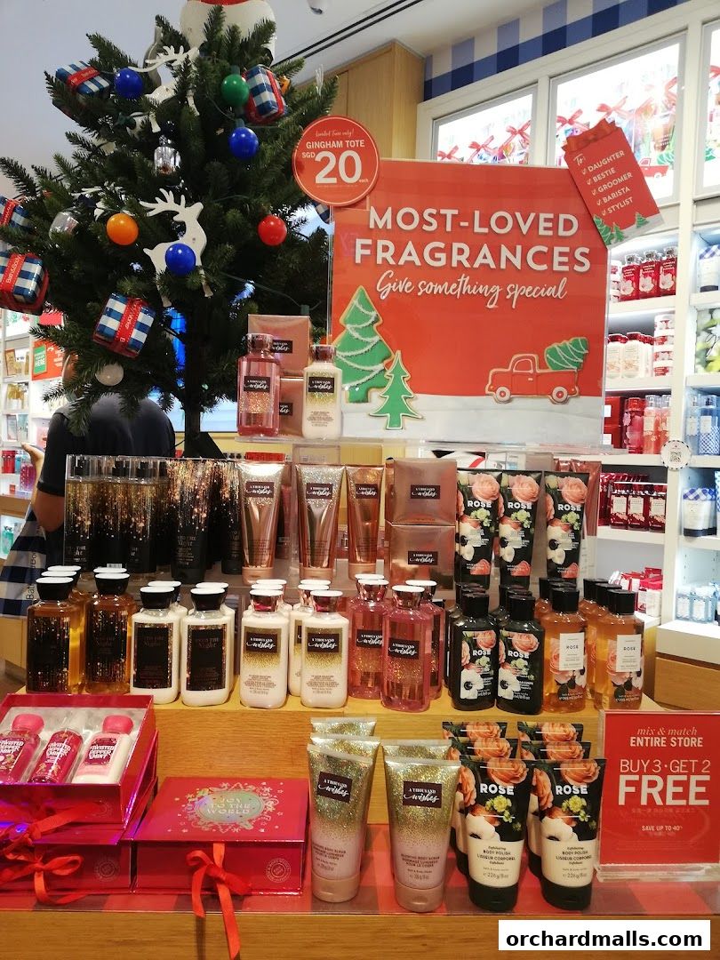 Bath & Body Works store display featuring holiday promotions and popular fragrances.