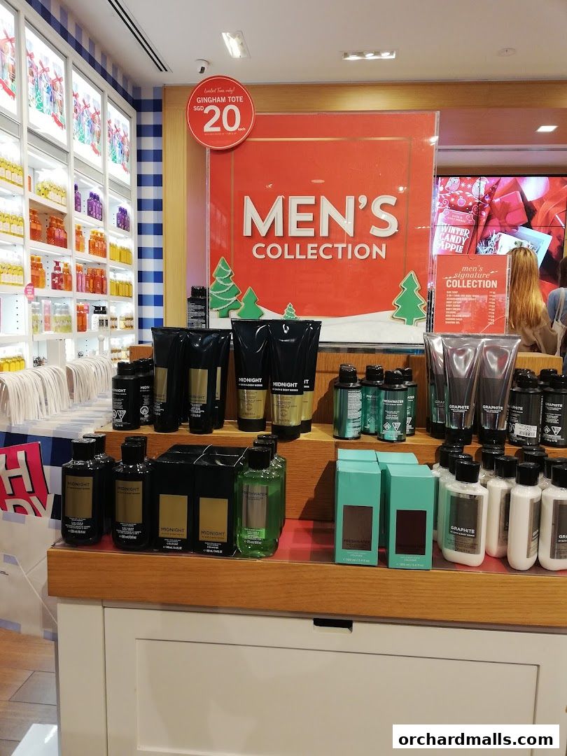 Bath & Body Works displays its Men's Collection with various grooming products and a special offer.