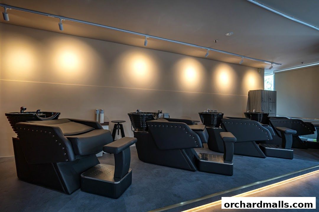 Luxurious salon interior with multiple reclining shampoo chairs and sinks.