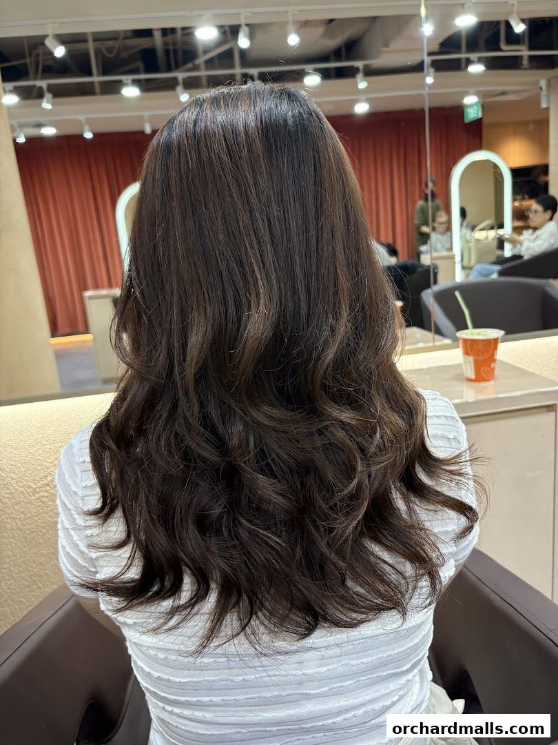 A woman with long, dark, wavy hair styled in a salon.