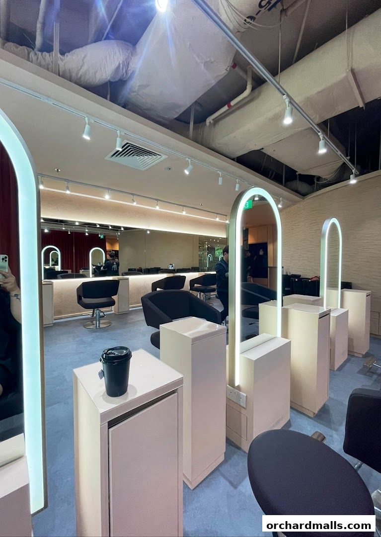 Interior view of a modern hair salon with styling stations and mirrors.