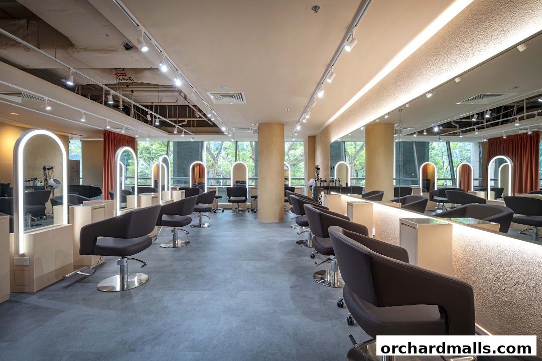 Interior view of a modern hair salon with styling chairs and mirrors.
