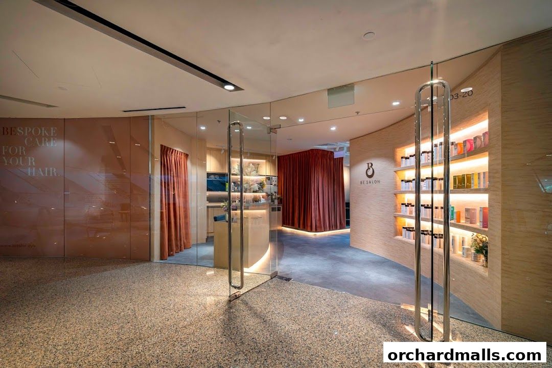 The entrance to Be Salon Wheelock Orchard, showcasing a modern interior with product displays.