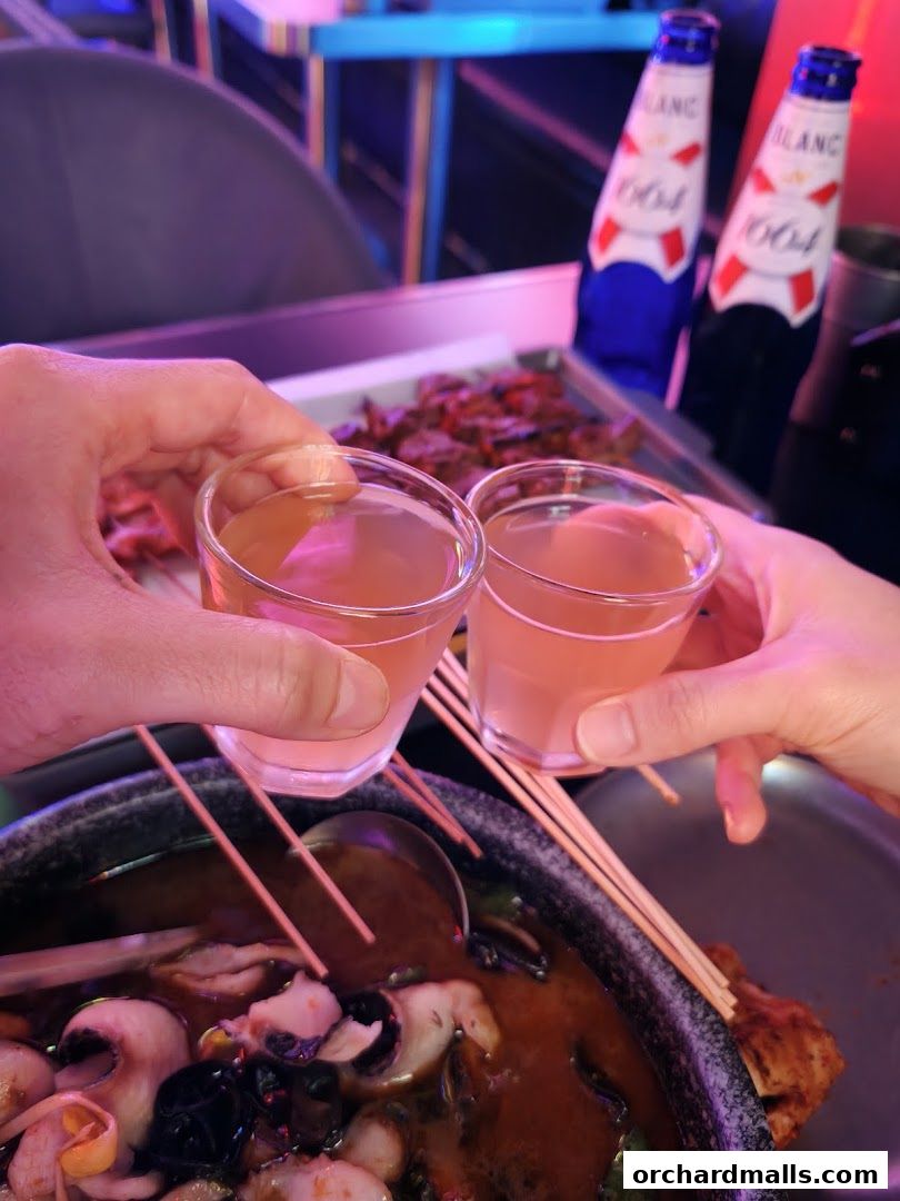 Two people clinking shot glasses over a bowl of soup and skewers, with beer bottles in the background.