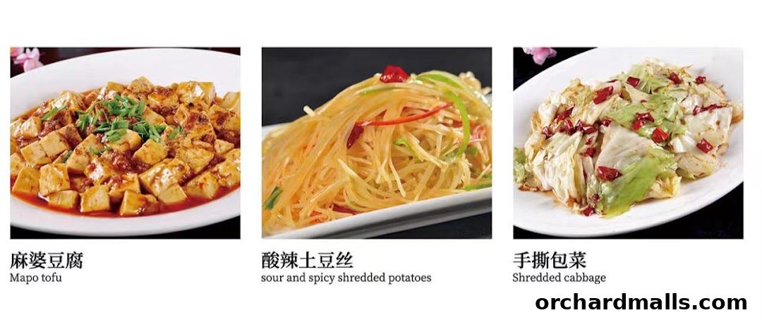 Three delicious Chinese dishes: Mapo tofu, sour and spicy shredded potatoes, and shredded cabbage.