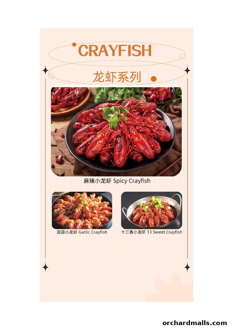 A menu showcasing different styles of crayfish dishes, including spicy, garlic, and sweet flavors.