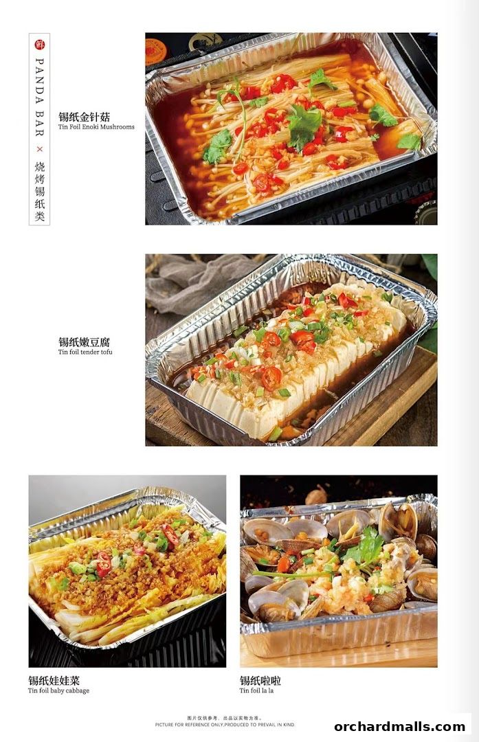 A menu showcasing various tin foil dishes from Panda Bar, including mushrooms, tofu, cabbage, and clams.