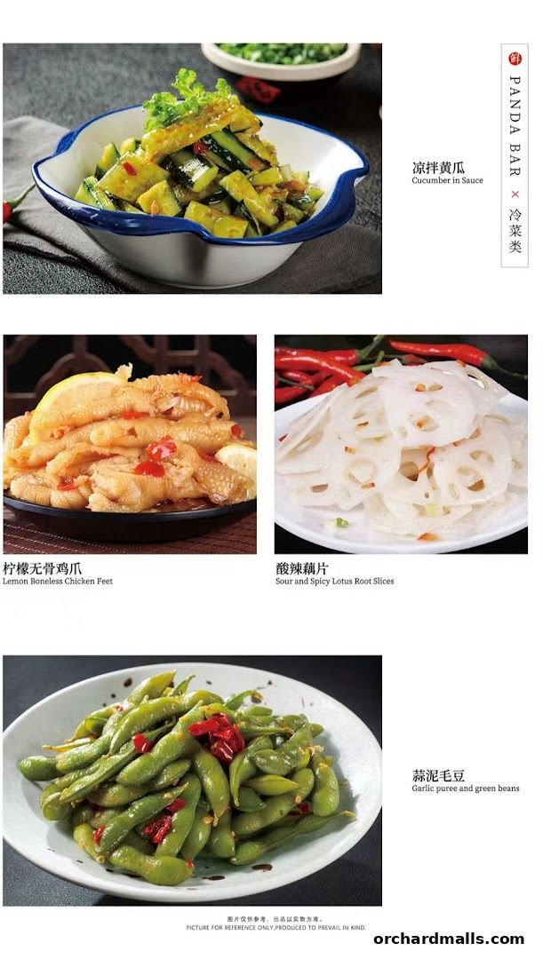 A collage of four delicious Asian dishes, including cucumber salad, chicken feet, lotus root, and edamame.