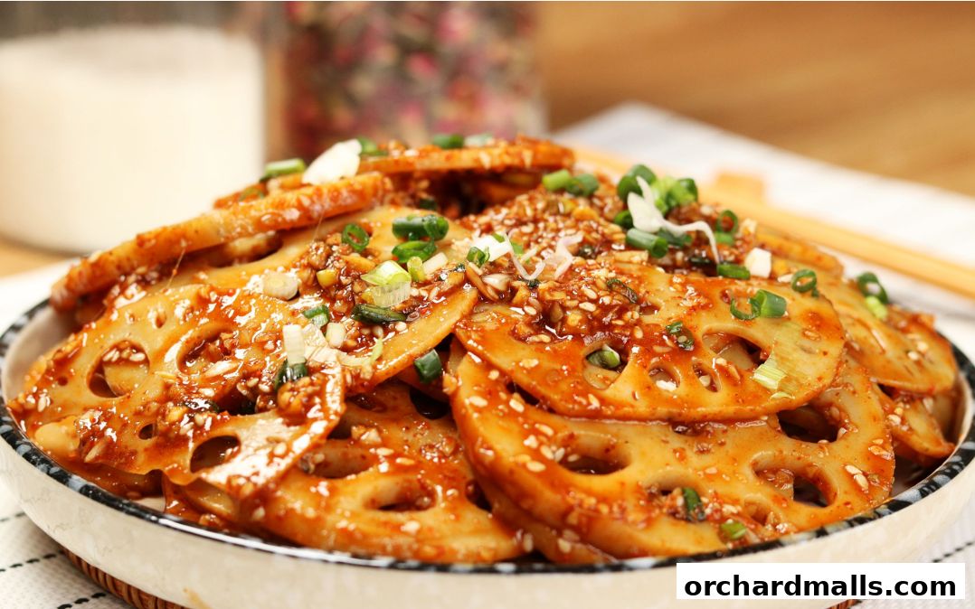 A close-up of a delicious dish of sliced lotus root with a savory sauce and green onions.