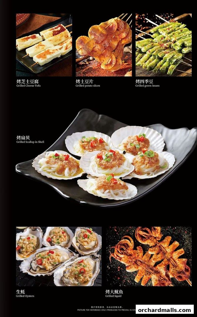 A collage of delicious grilled seafood and vegetable dishes.