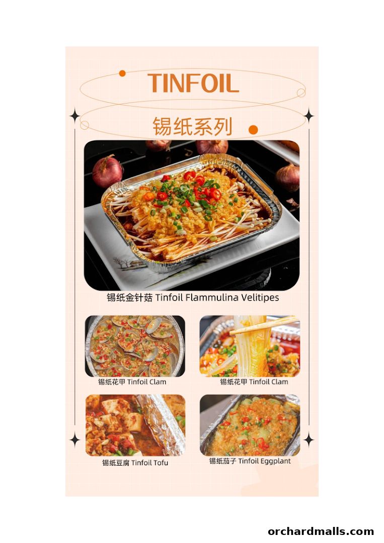 A collage of four tinfoil dishes: enoki mushrooms, clams, tofu, and eggplant.