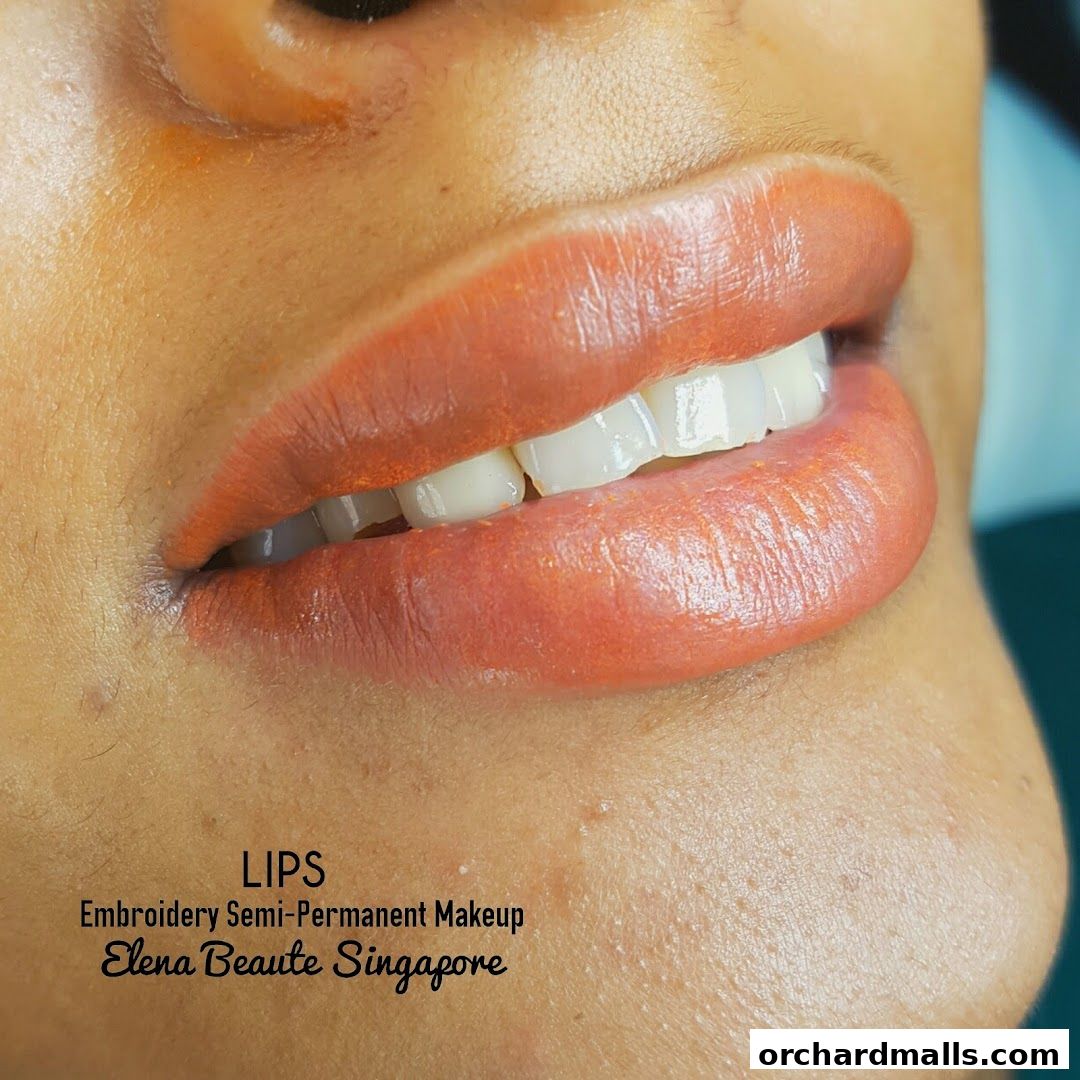 Close-up of lips with semi-permanent makeup and embroidered details.