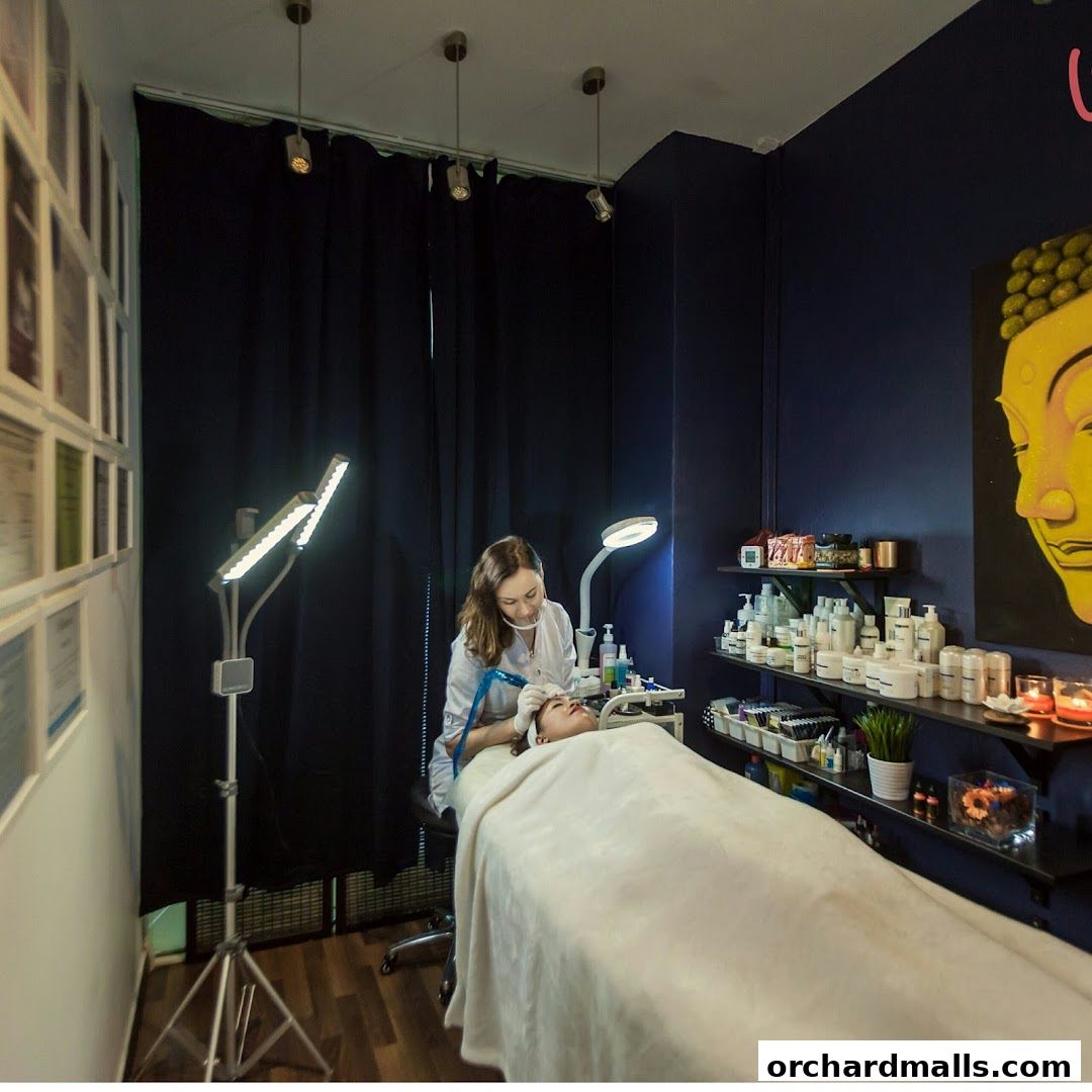 A beauty professional performs a cosmetic procedure on a client in a well-lit treatment room.