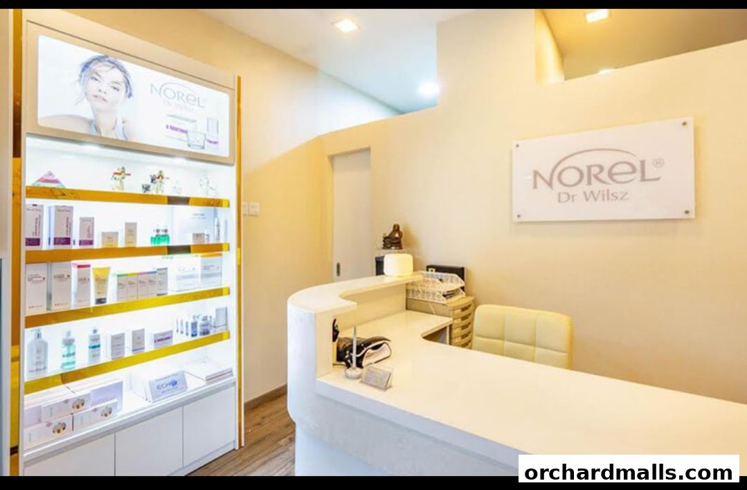 Interior of a beauty shop with a reception desk and display shelves of skincare products.