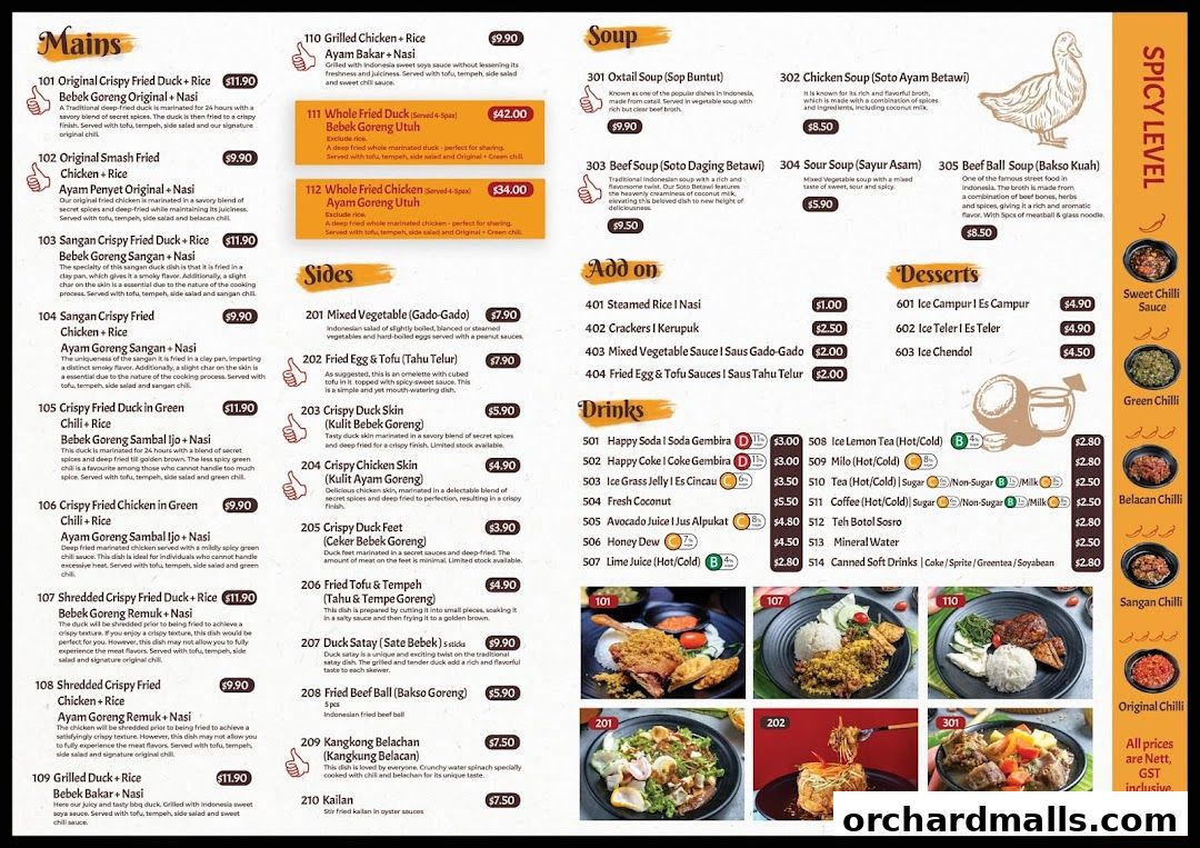 Menu page for Bebek Goreng Pak Ndut Lucky Plaza