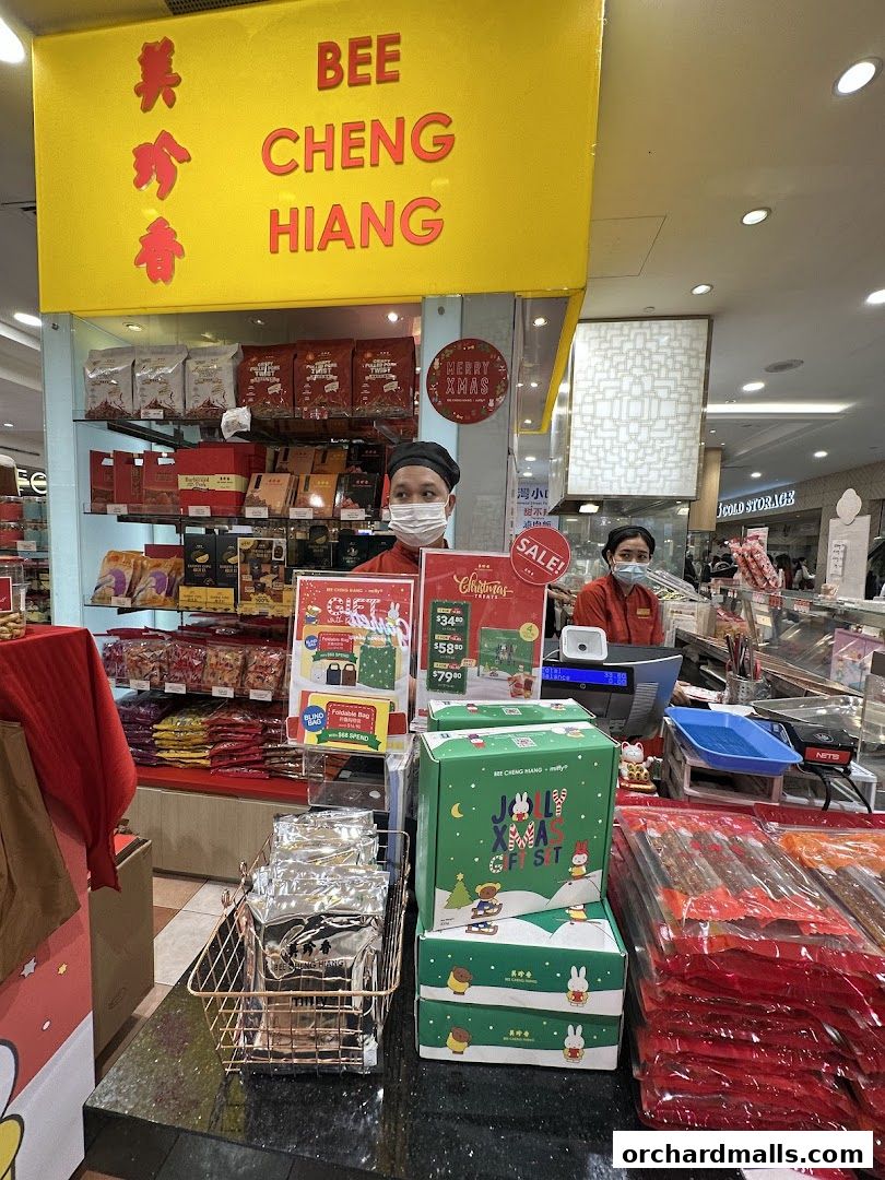 Bee Cheng Hiang shop with staff, festive displays, and various meat products.