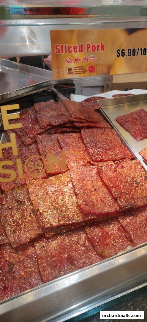 A display of delicious sliced pork jerky from Bee Cheng Hiang.