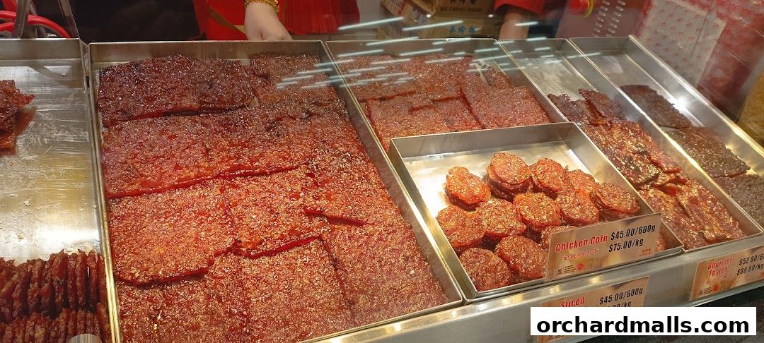 A display of various types of bak kwa (dried meat) at Bee Cheng Hiang.