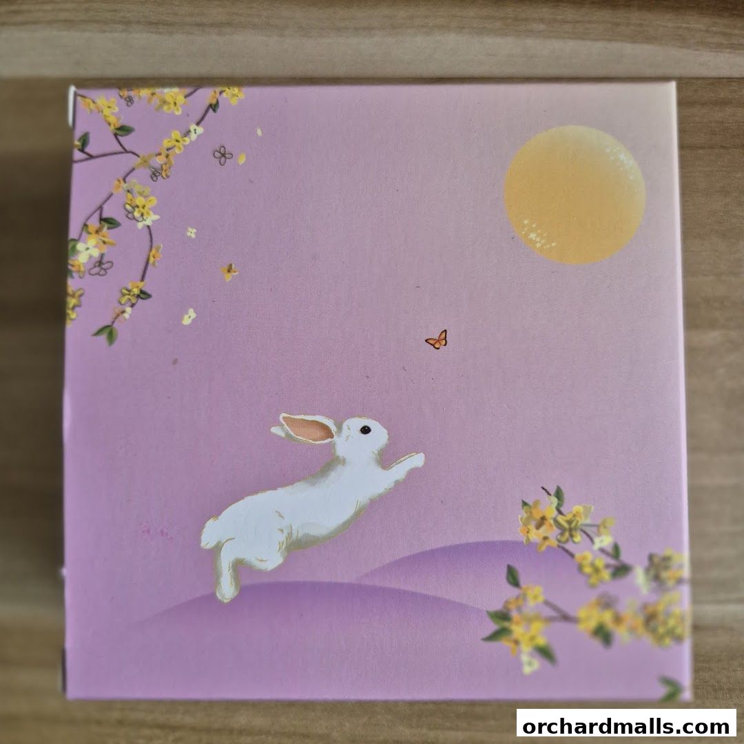A gift box with a rabbit, moon, and floral design.