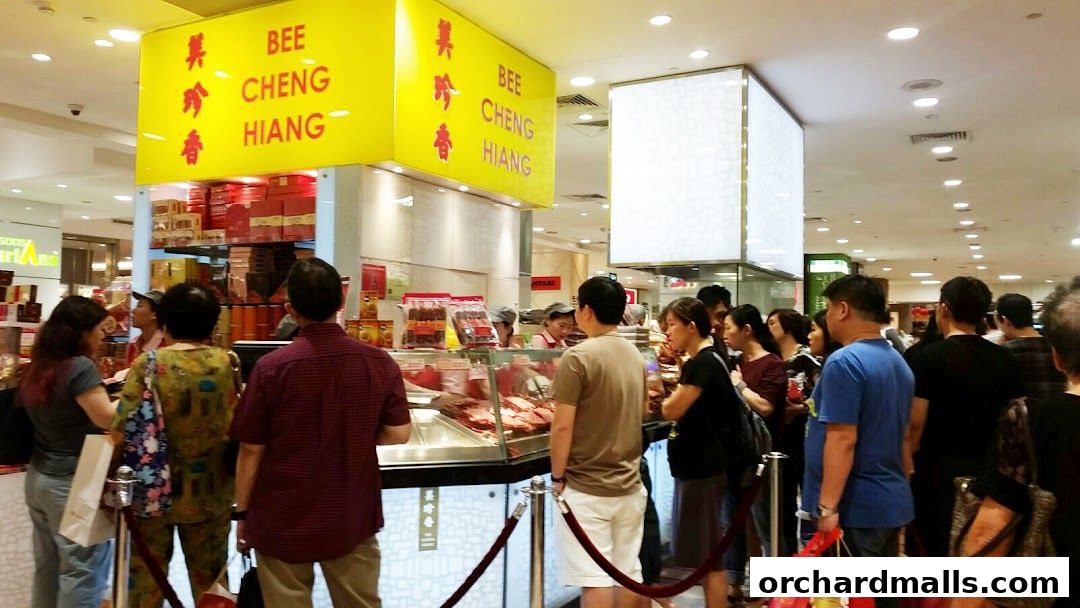 Customers queue at Bee Cheng Hiang, a shop selling bak kwa and other meat products.