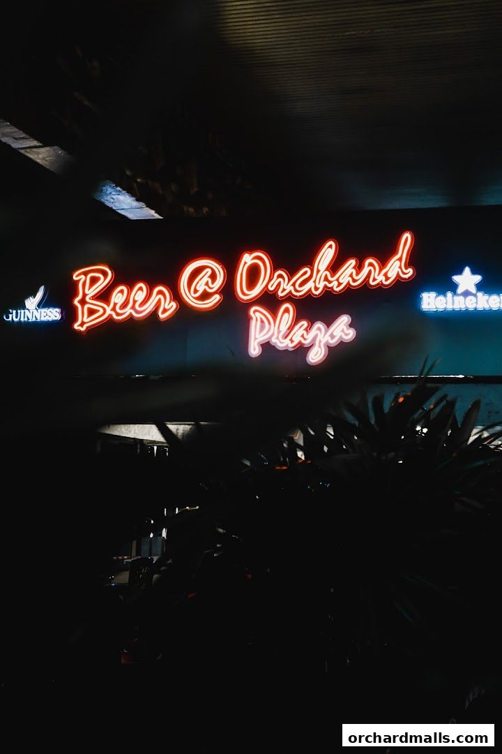 Neon sign for Beer @ Orchard Plaza with Guinness and Heineken logos.
