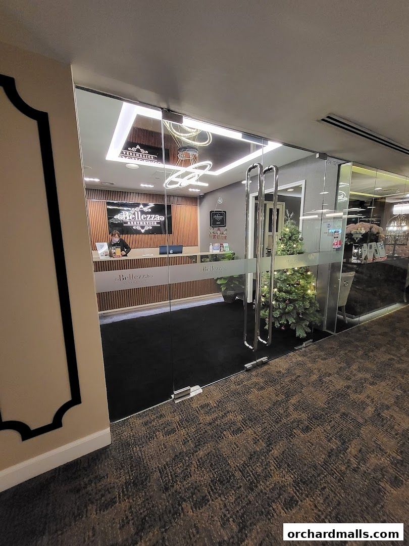 Entrance to Bellezza Aesthetics with a reception desk and Christmas tree visible inside.