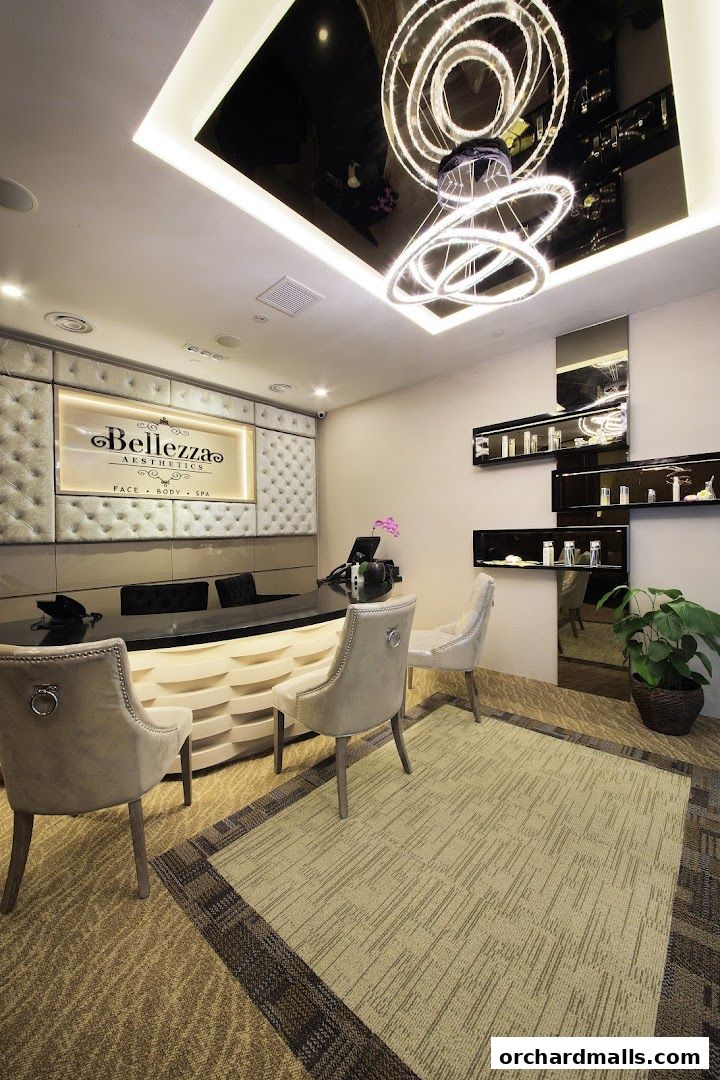 The reception area of Bellezza Aesthetics, featuring a modern reception desk and elegant seating.
