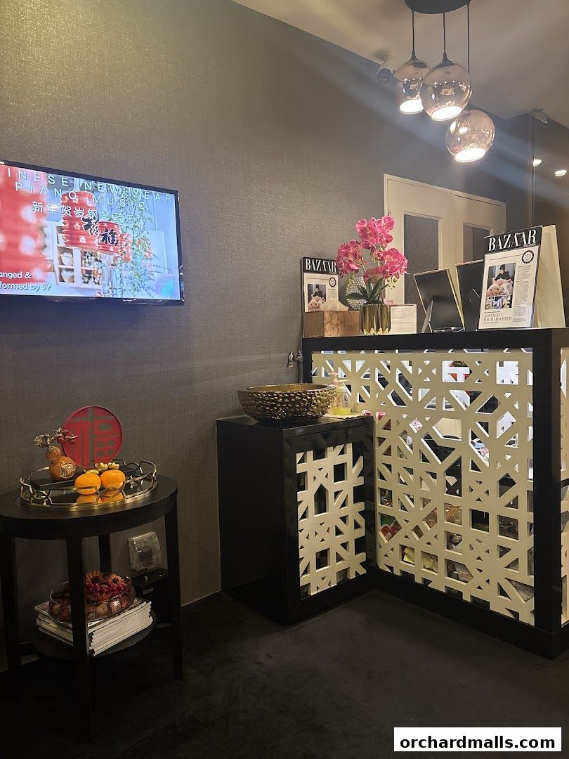 Reception area of Bellezza Aesthetics with decorative items and magazines.