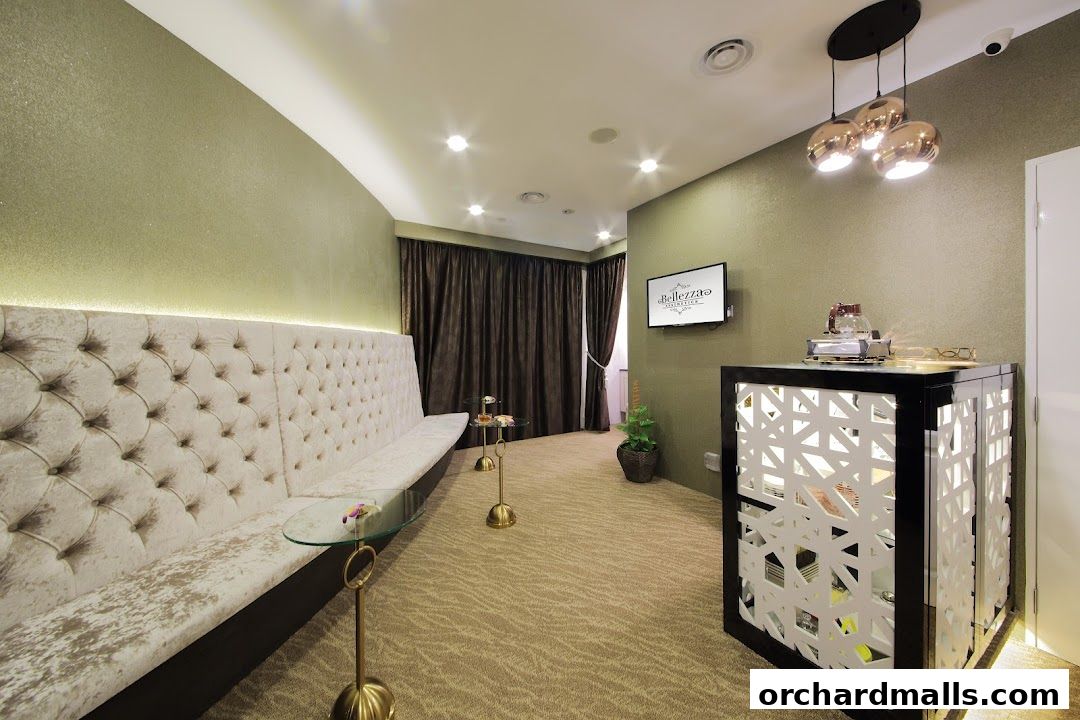 Interior of Bellezza Aesthetics with a plush sofa, reception desk, and elegant decor.