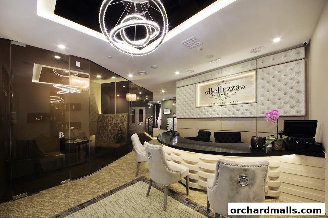 Interior of Bellezza Aesthetics Wheelock Place, featuring a reception desk and plush seating.