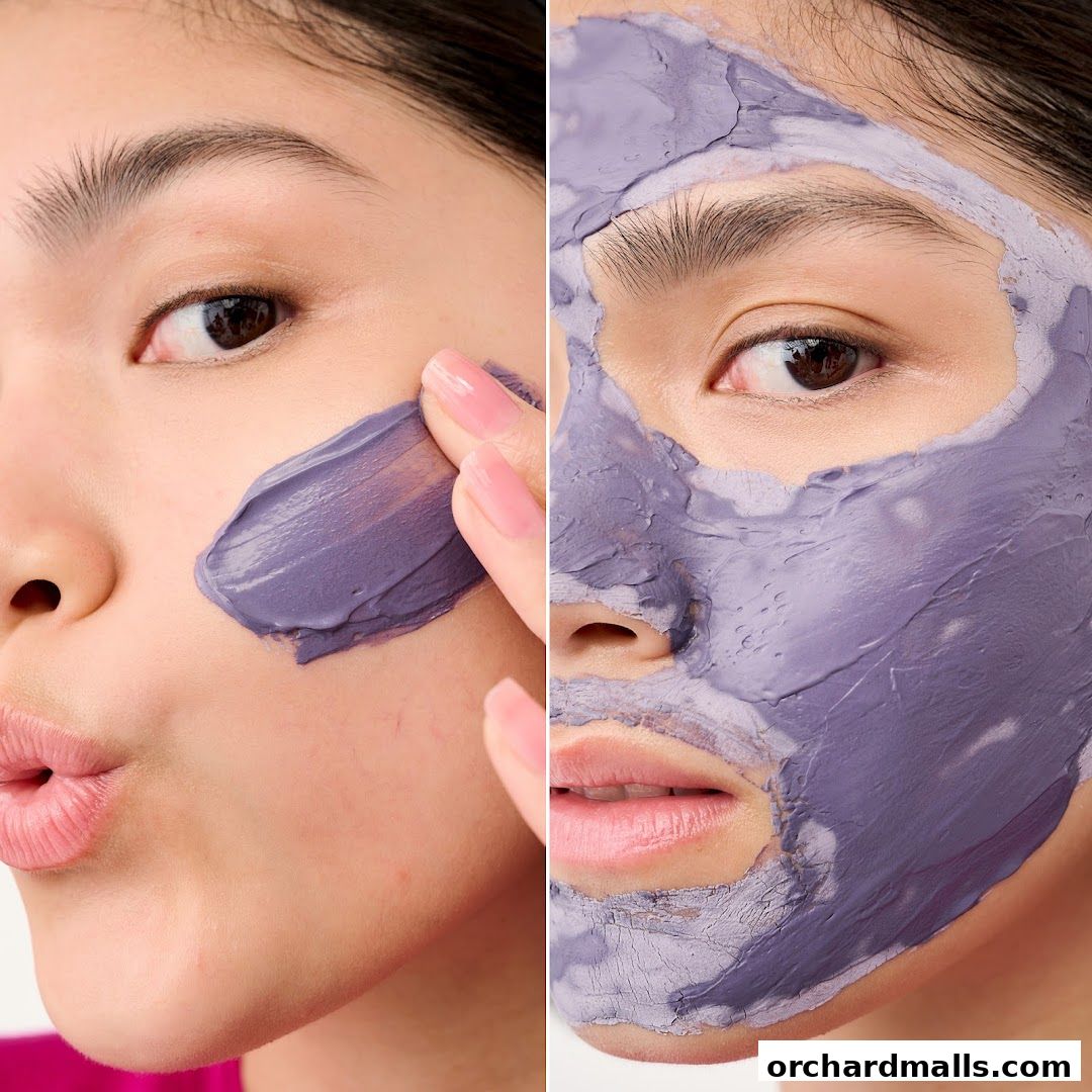A split image showing a person applying and wearing a purple facial mask.