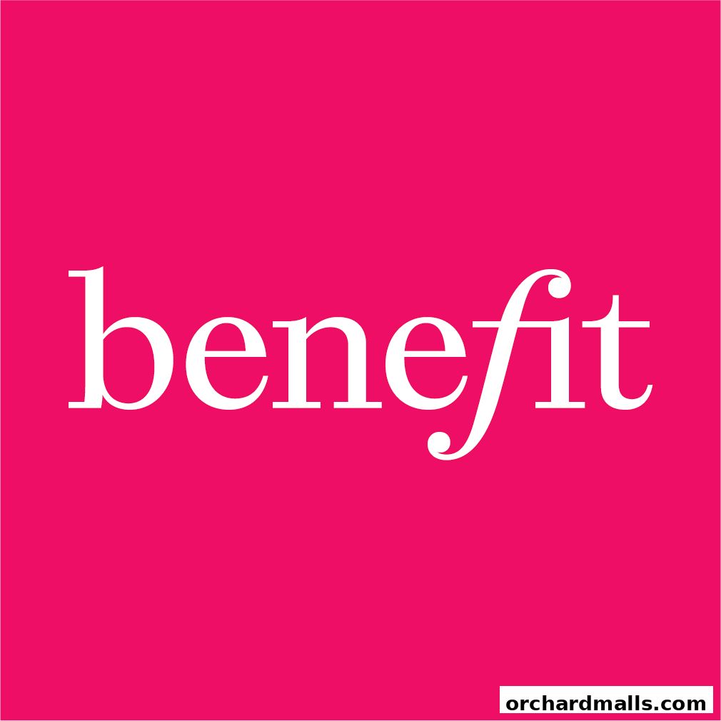 The Benefit Cosmetics logo in white text on a bright pink background.