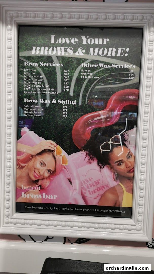 A menu for Benefit Cosmetics Brow Bar, showcasing brow services and prices.