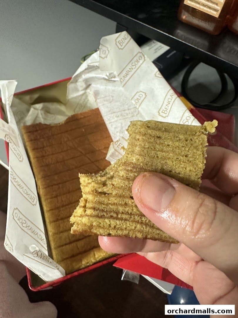 A hand holds a slice of layered cake from a Bengawan Solo tin.