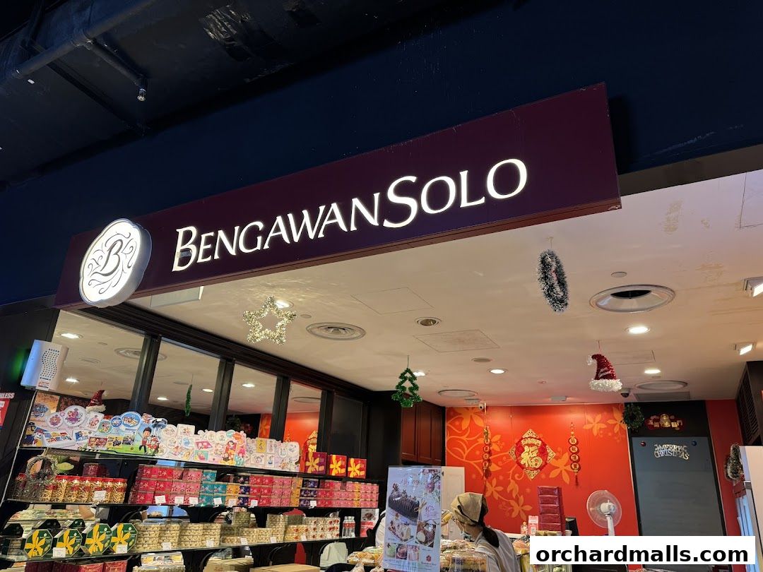 The Bengawan Solo shop front displays festive decorations and a wide array of packaged snacks and gifts.
