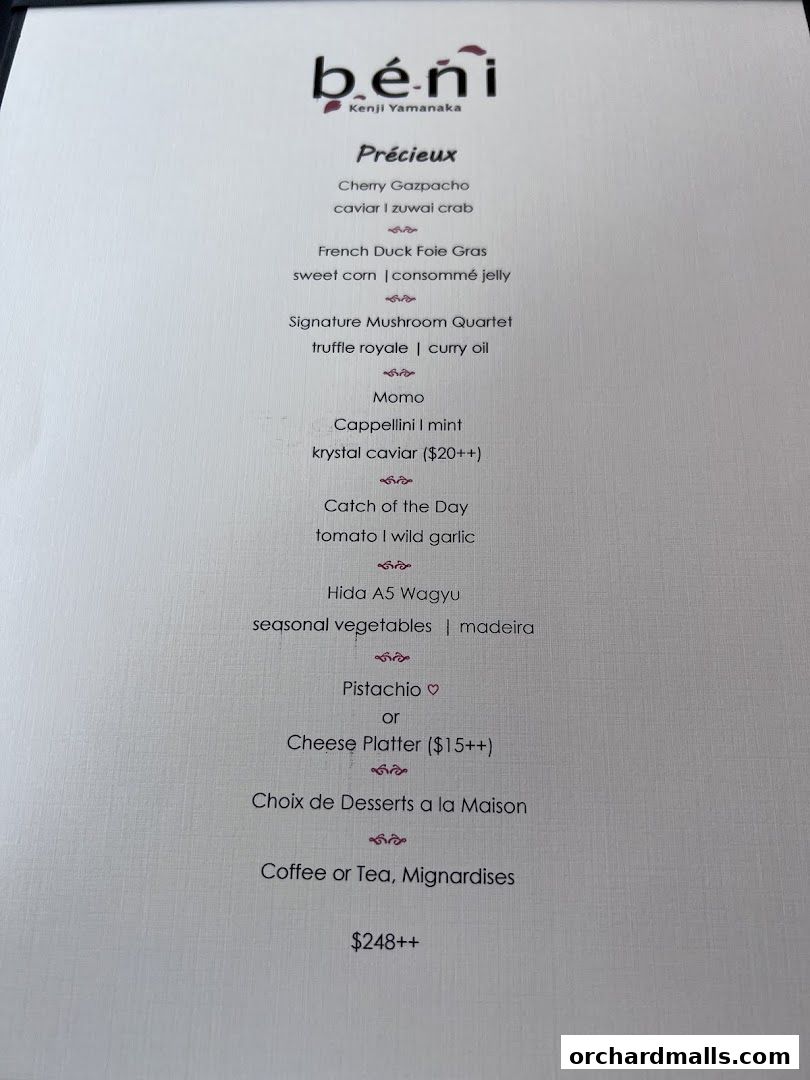 Menu page for béni Singapore