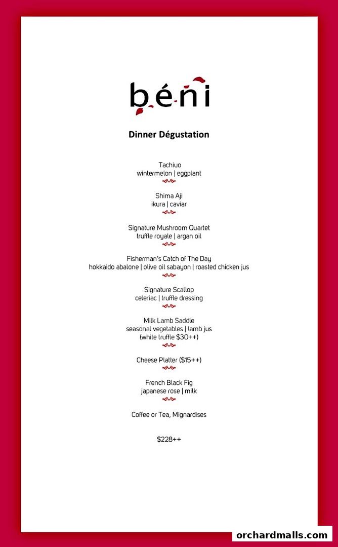 Menu page for béni Singapore