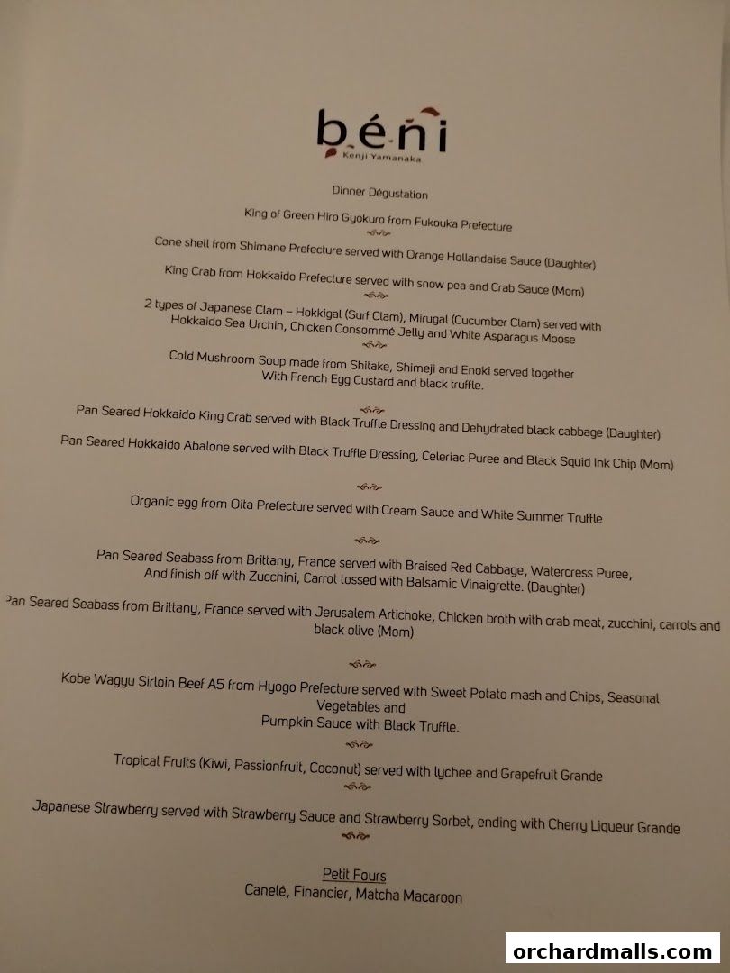 Menu page for béni Singapore