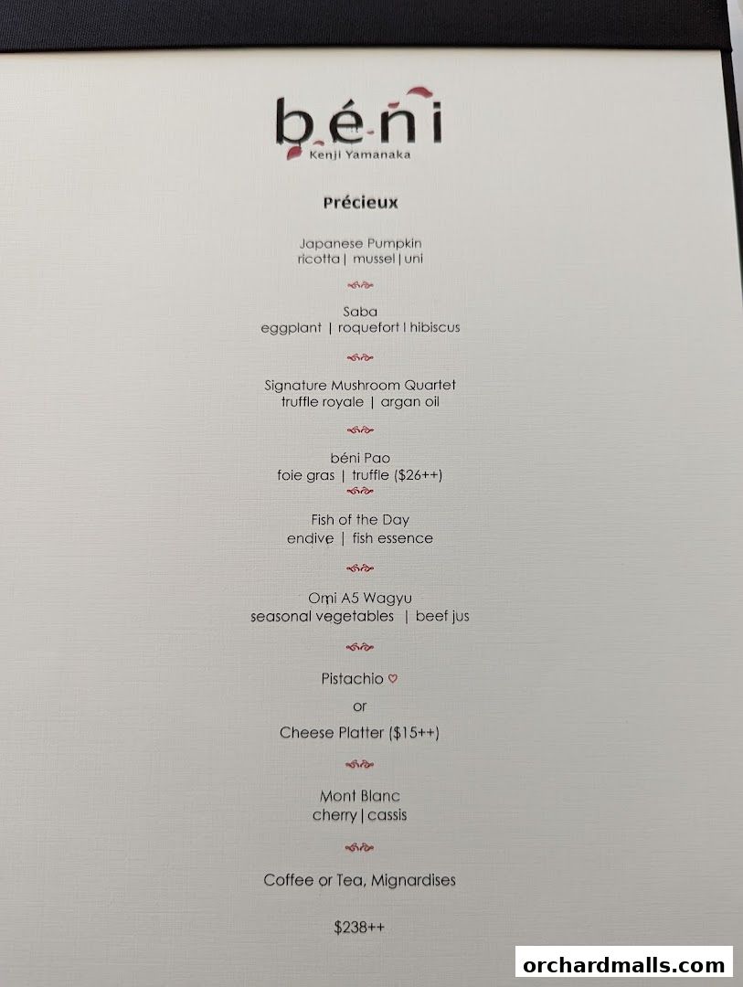 Menu page for béni Singapore