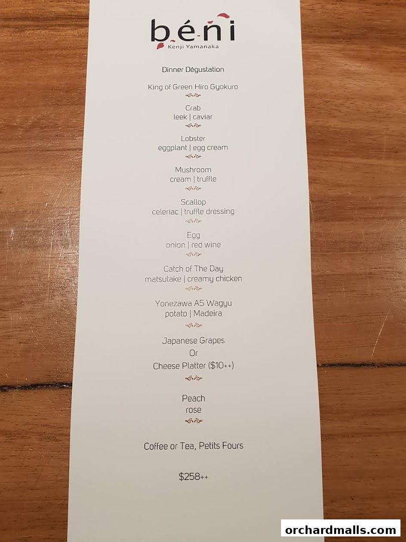 Menu page for béni Singapore